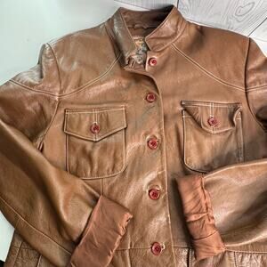 Vintage Y2K Zelda Brown Lamb Leather Jacket Coat Button Detail Rare Size 14